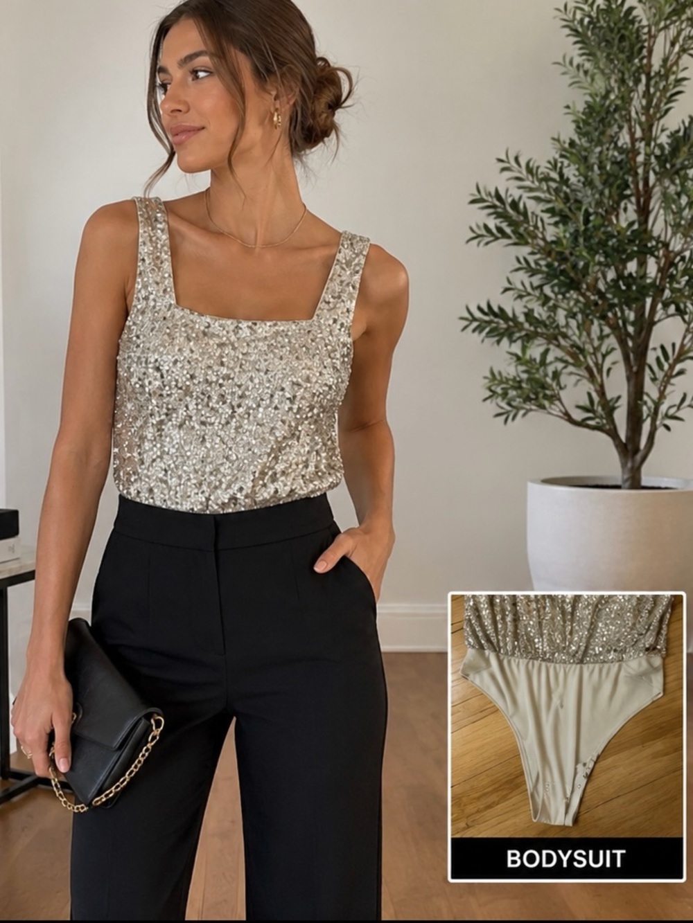 BCBG Generation Metallic Sequin Bodysuit Square Neck Y2K Party Glam Sz M